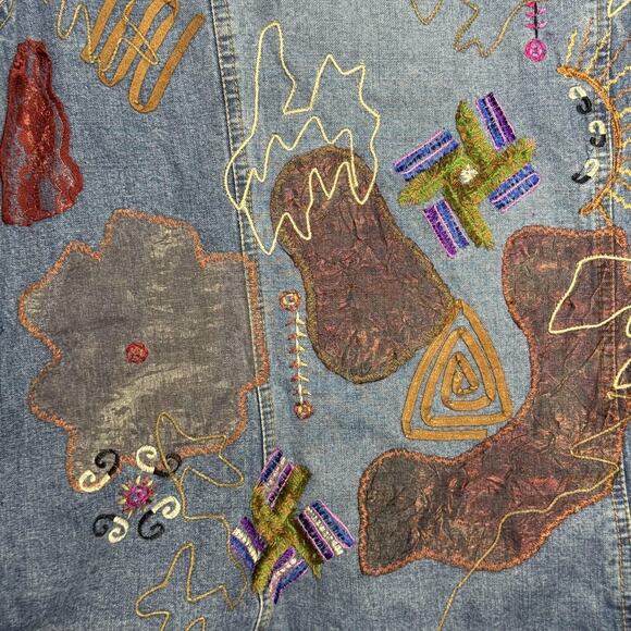 Chico's Jacket Womens 1 Medium Blue Denim Embroidered Applique Boho Mixed Media - Picture 9 of 10